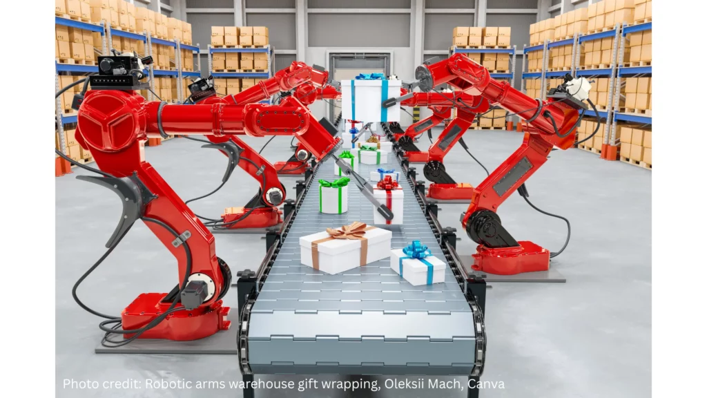 A photo showing robotic arms gift-wrapping in a warehouse