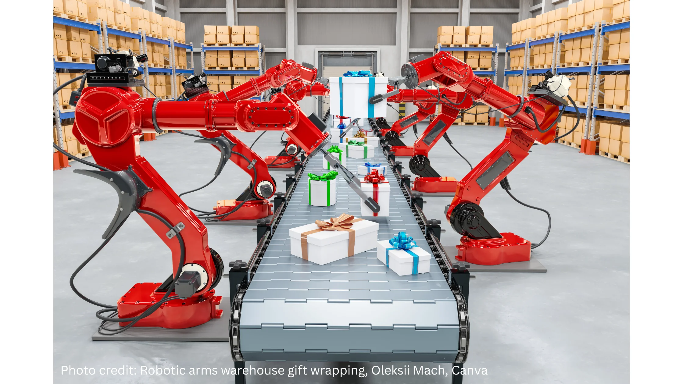 A photo showing robotic arms gift-wrapping in a warehouse